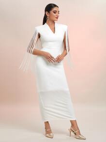 Modelyn Fringe Trim Split Hem Bodycon Dress - White - View 5