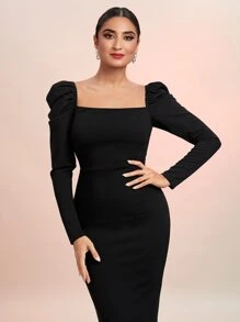 Modelyn Square Neck Fringe Hem Bodycon Dress - Black - View 4