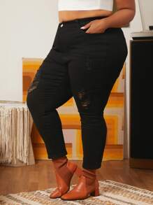 SHEIN CURVE+ Jeans ajustados desgarro - Negro - Ver 6