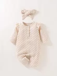 SHEIN Baby Girl Newborn Baby Polka Dot Ruffle Trim Jumpsuit & Hair Band - Apricot - View 1
