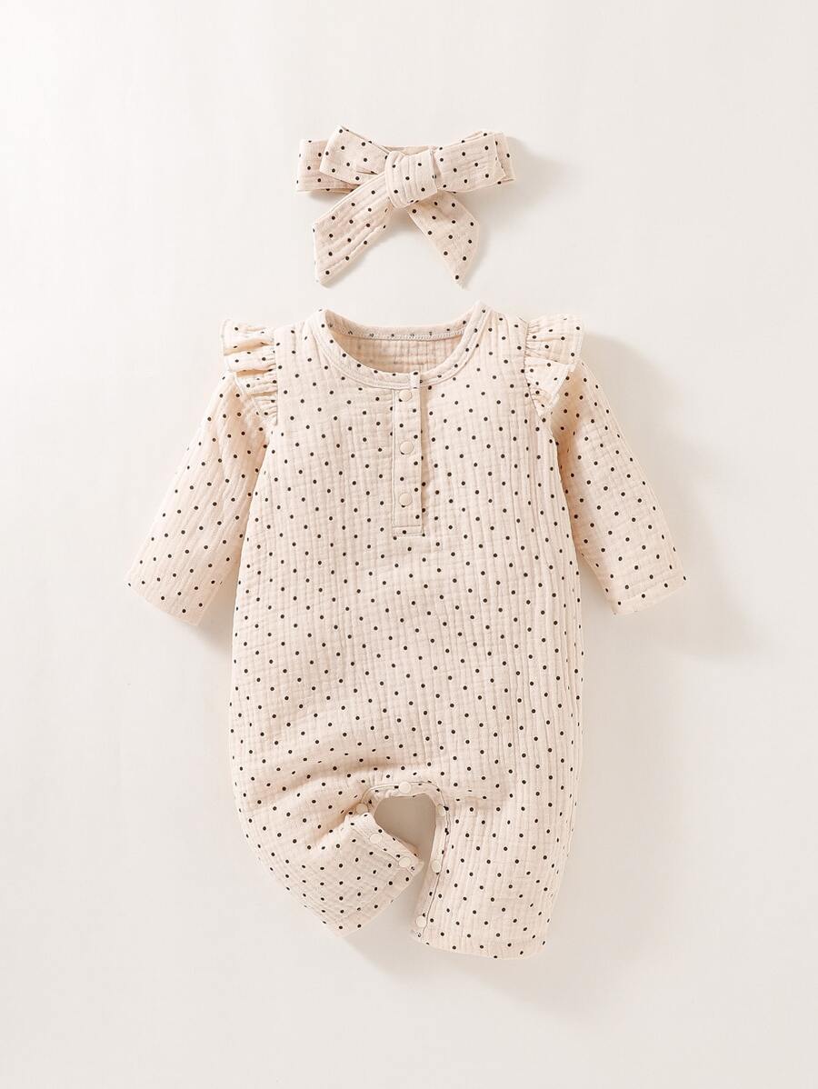 SHEIN Baby Girl Newborn Baby Polka Dot Ruffle Trim Jumpsuit & Hair Band - Apricot - View 1