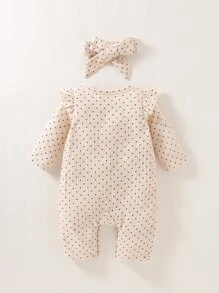 SHEIN Baby Girl Newborn Baby Polka Dot Ruffle Trim Jumpsuit & Hair Band - Apricot - View 2