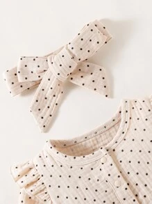 SHEIN Baby Girl Newborn Baby Polka Dot Ruffle Trim Jumpsuit & Hair Band - Apricot - View 4