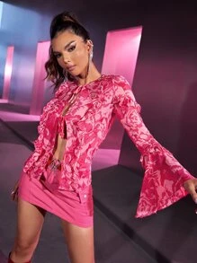 SHEIN BAE Allover Print Flounce Sleeve Knot Front Ruffle Trim Blouse - Pink - View 6
