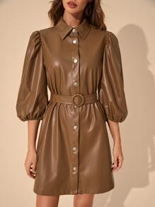 SHEIN Privé 燈籠袖腰帶PU皮革襯衫洋裝