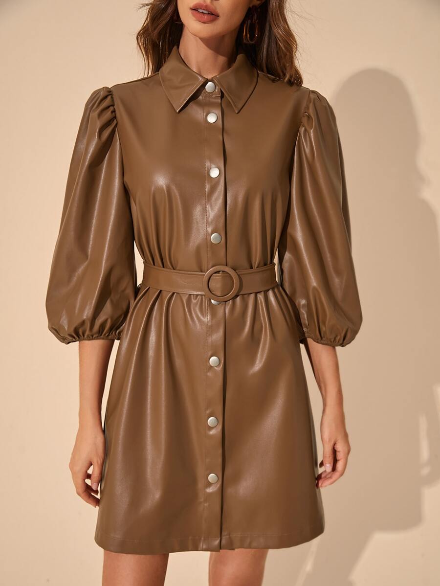 SHEIN Privé 燈籠袖腰帶PU皮革襯衫洋裝