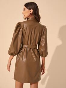 SHEIN Privé 燈籠袖腰帶PU皮革襯衫洋裝