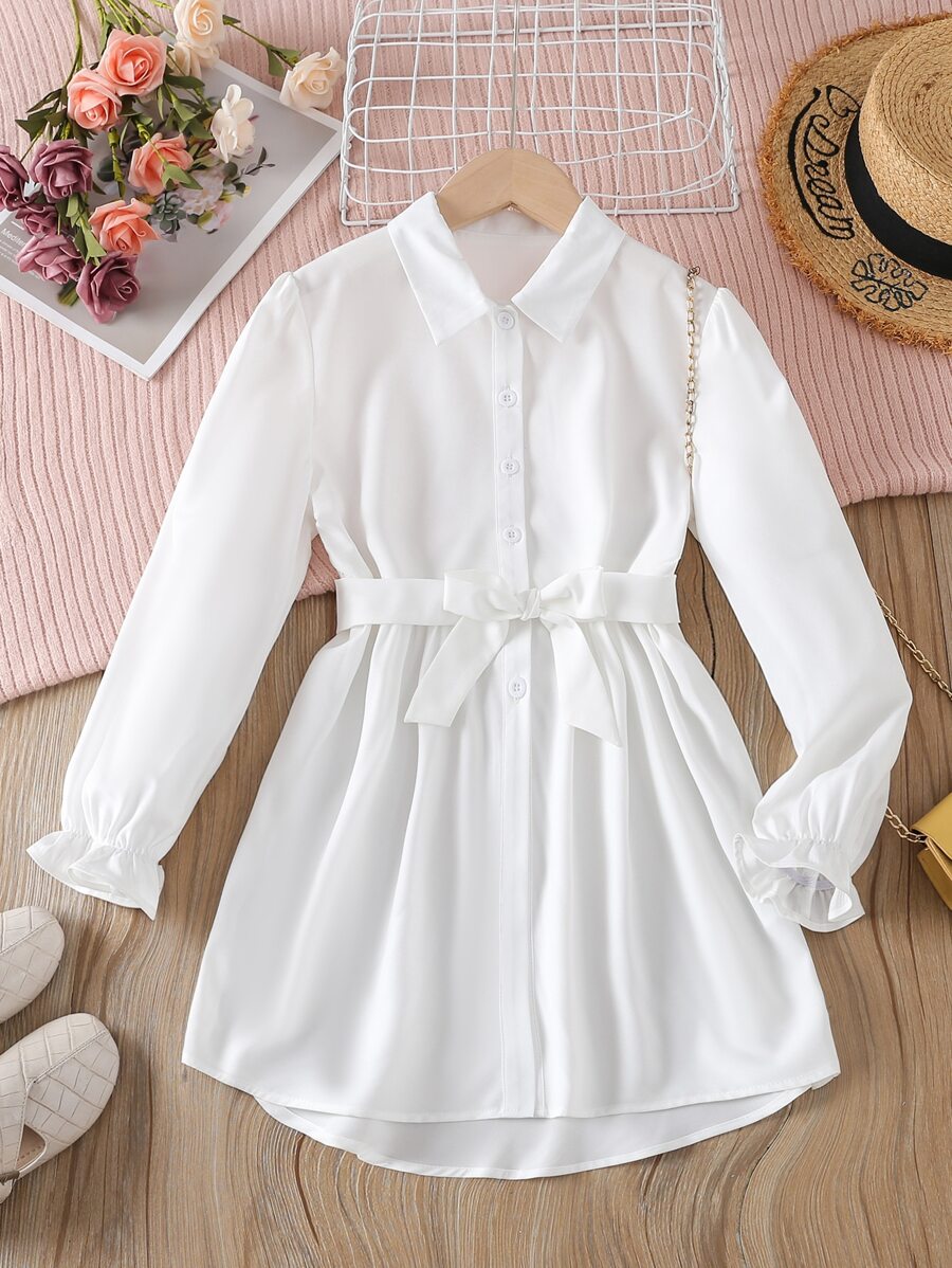 女孩荷葉袖前排扣腰帶襯衫 - 白色 - 查看 1