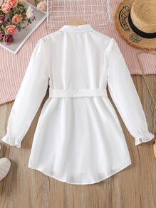 女孩荷葉袖前排扣腰帶襯衫 - 白色 - 查看 2