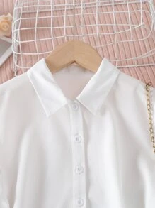 女孩荷葉袖前排扣腰帶襯衫 - 白色 - 查看 5