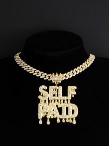 Men Rhinestone Crown & Letter Charm Necklace, For Jewelry Gift And Party - Silver - View 1