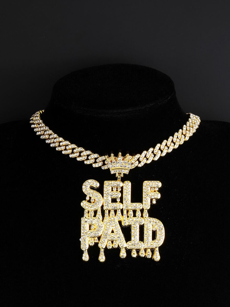 Men Rhinestone Crown & Letter Charm Necklace, For Jewelry Gift And Party - Silver - View 1