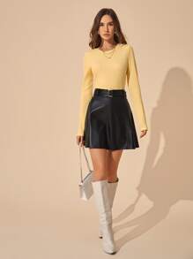 SHEIN Privé Buckle Belted PU Leather Skirt - Black - View 5