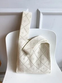 鏤空鉤針編織袋 - 米色 - 查看 1