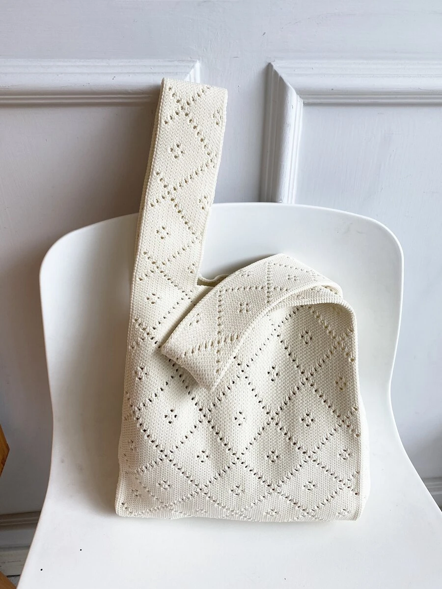鏤空鉤針編織袋 - 米色 - 查看 1