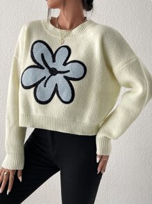 SHEIN Unity Floral Pattern Drop Shoulder Sweater Knit Pullover Fall Winter - White - View 4