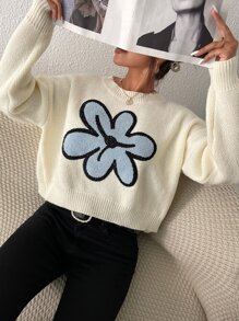 SHEIN Unity Floral Pattern Drop Shoulder Sweater Knit Pullover Fall Winter - White - View 1