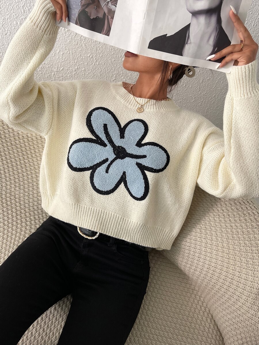 SHEIN Unity Floral Pattern Drop Shoulder Sweater Knit Pullover Fall Winter - White - View 1