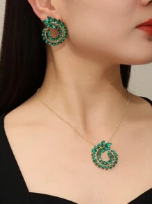 3pcs Rhinestone Decor Jewelry Set - Green - View 1