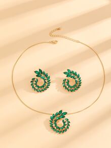 3pcs Rhinestone Decor Jewelry Set - Green - View 2