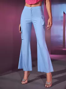 SHEIN BAE Solid Pocket Side Flare Leg Trousers - Baby Blue - View 1