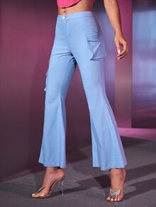 SHEIN BAE Solid Pocket Side Flare Leg Trousers - Baby Blue - View 6