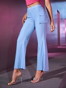 SHEIN BAE Solid Pocket Side Flare Leg Trousers - Baby Blue - View 8
