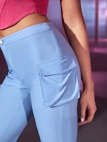 SHEIN BAE Solid Pocket Side Flare Leg Trousers - Baby Blue - View 10