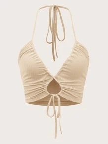 SHEIN ICON Áo hai dây Lộ Lưng Dây kéo Buộc lại màu trơn Gợi cảm - Màu be - Xem 1