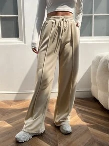 SHEIN EZwear Quần thể thao nữ Dây kéo Túi màu trơn - Màu Khaki - Xem 3
