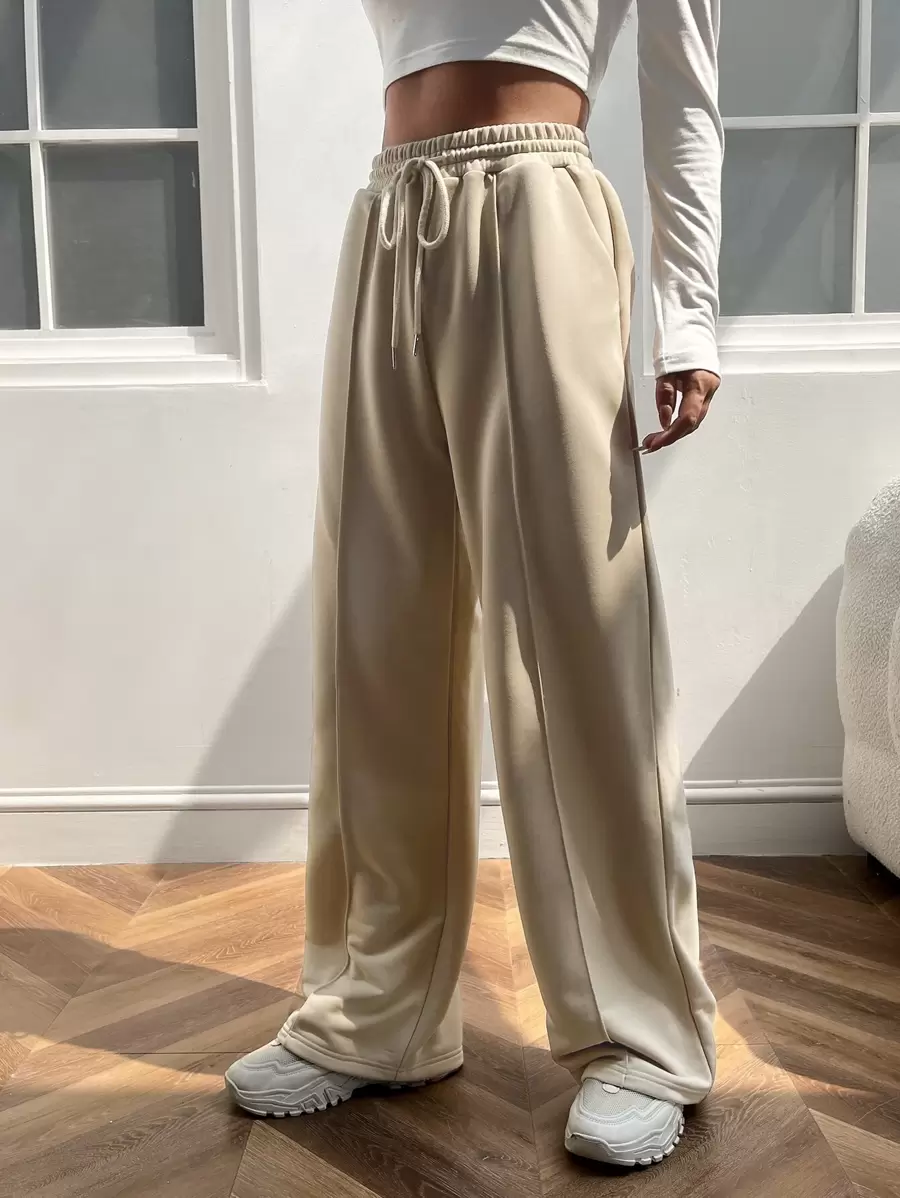 SHEIN EZwear Quần thể thao nữ Dây kéo Túi màu trơn - Màu Khaki - Xem 1