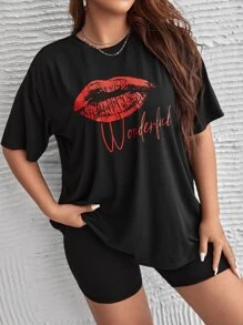 SHEIN Plus Mouth Print Tee & Cycling Shorts PJ Set - Black - View 1