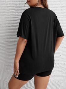 SHEIN Plus Mouth Print Tee & Cycling Shorts PJ Set - Black - View 2