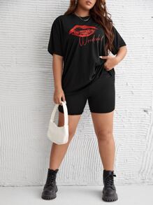 SHEIN Plus Mouth Print Tee & Cycling Shorts PJ Set - Black - View 3