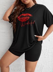 SHEIN Plus Mouth Print Tee & Cycling Shorts PJ Set - Black - View 4