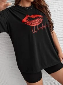 SHEIN Plus Mouth Print Tee & Cycling Shorts PJ Set - Black - View 5