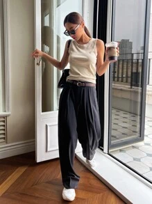 DAZY 純色肋編針織背心 - 米色 - 查看 5