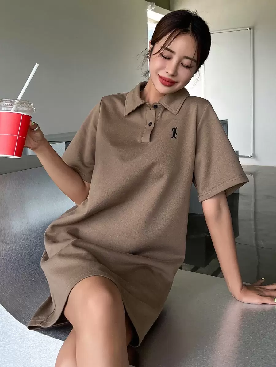 DAZY Rabbit Embroidery Polo Tee Dress Sundress,Casual Women Dresses - Mocha Brown - View 1