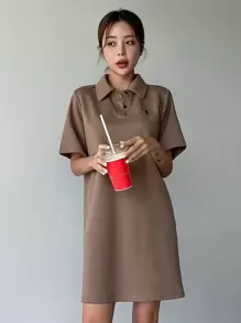DAZY Rabbit Embroidery Polo Tee Dress Sundress,Casual Women Dresses - Mocha Brown - View 3