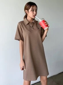 DAZY Rabbit Embroidery Polo Tee Dress Sundress,Casual Women Dresses - Mocha Brown - View 4