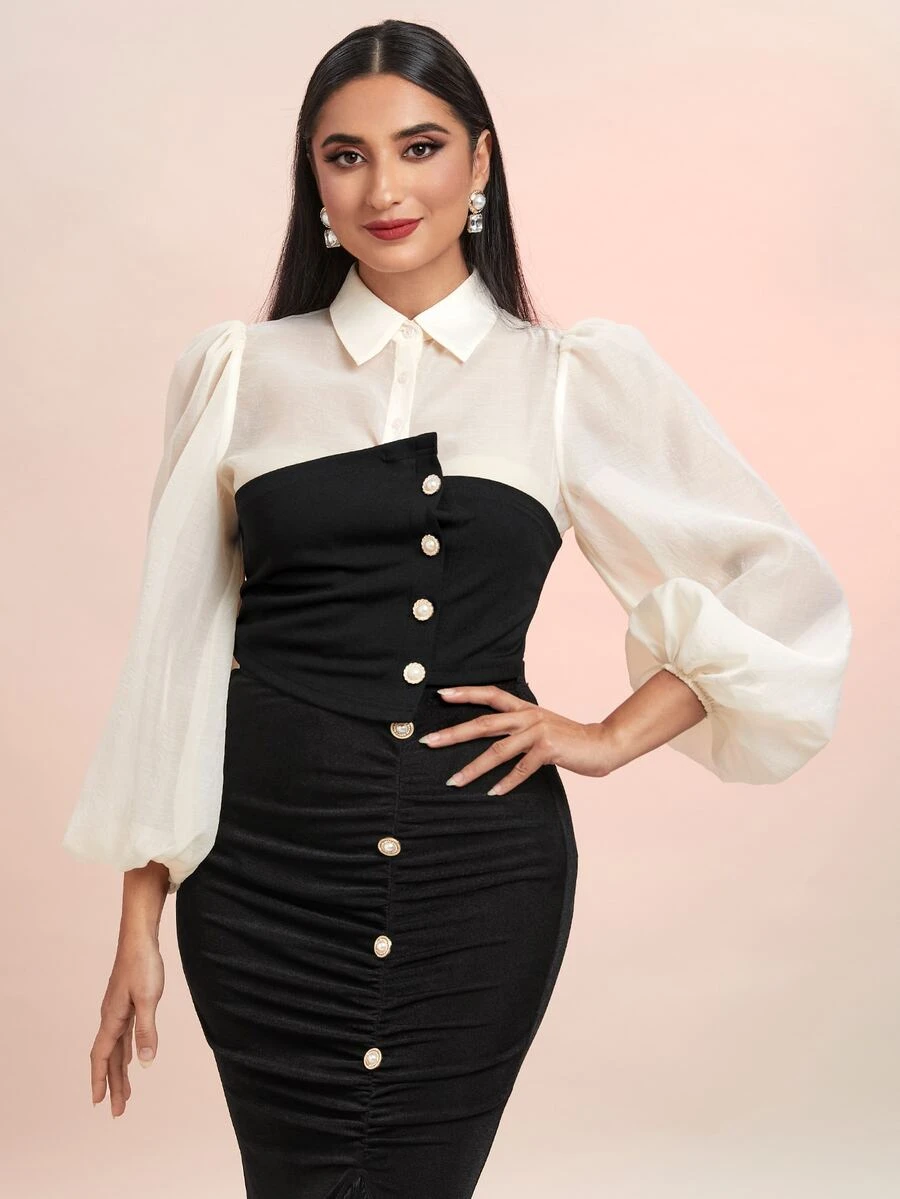 Modelyn Bishop Sleeve Button Front 2 In 1 Shirt - Black and White - View 1