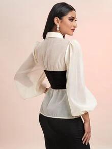 Modelyn Bishop Sleeve Button Front 2 In 1 Shirt - Black and White - View 2