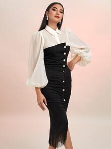 Modelyn Bishop Sleeve Button Front 2 In 1 Shirt - Black and White - View 4