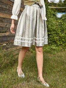 SHEIN 小碎花鏤空蕾絲花邊腰帶半身裙