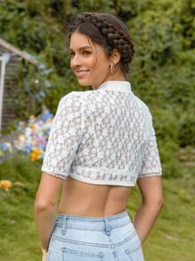 SHEIN Unity Mandarin Collar Lace Crop Top Without Bra - White - View 2