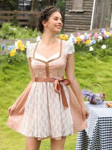 Eyelet Embroidery Lace Trim Belted Dress - Coral Pink - View 3