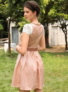 Eyelet Embroidery Lace Trim Belted Dress - Coral Pink - View 2