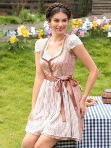 Eyelet Embroidery Lace Trim Belted Dress - Coral Pink - View 4