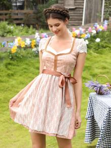 Eyelet Embroidery Lace Trim Belted Dress - Coral Pink - View 1