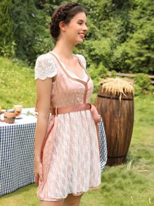 Eyelet Embroidery Lace Trim Belted Dress - Coral Pink - View 6